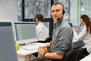 Homem sorrindo com headset em um escritório de atendimento ao cliente, trabalhando em um computador com planilhas abertas na tela.