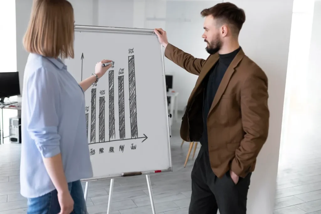 Profissionais analisando um gráfico de barras em um quadro branco durante uma reunião em um ambiente corporativo.