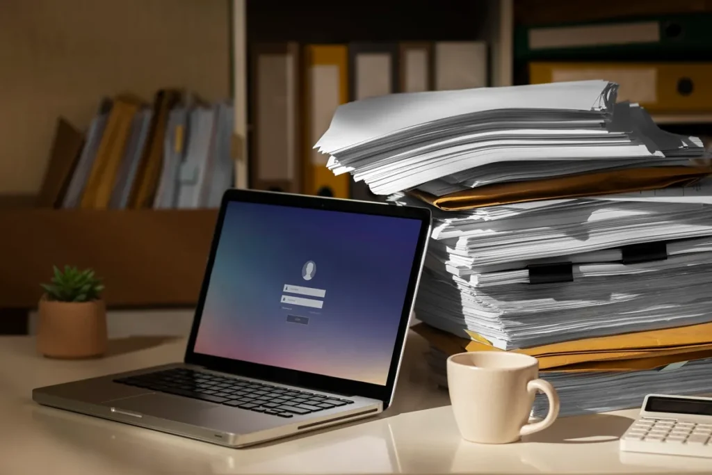 Laptop com tela de login ao lado de uma pilha de documentos e uma xícara de café em uma mesa de trabalho, simbolizando organização e gestão de arquivos.