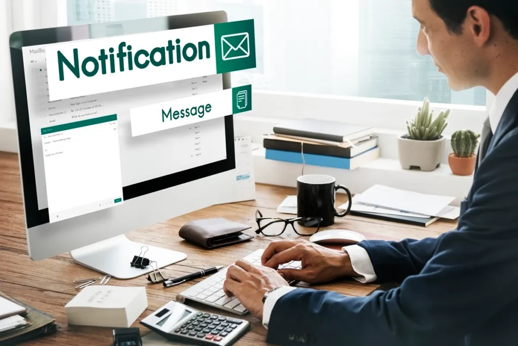 Profissional gerenciando notificações de e-mail em um computador de mesa em ambiente de escritório organizado