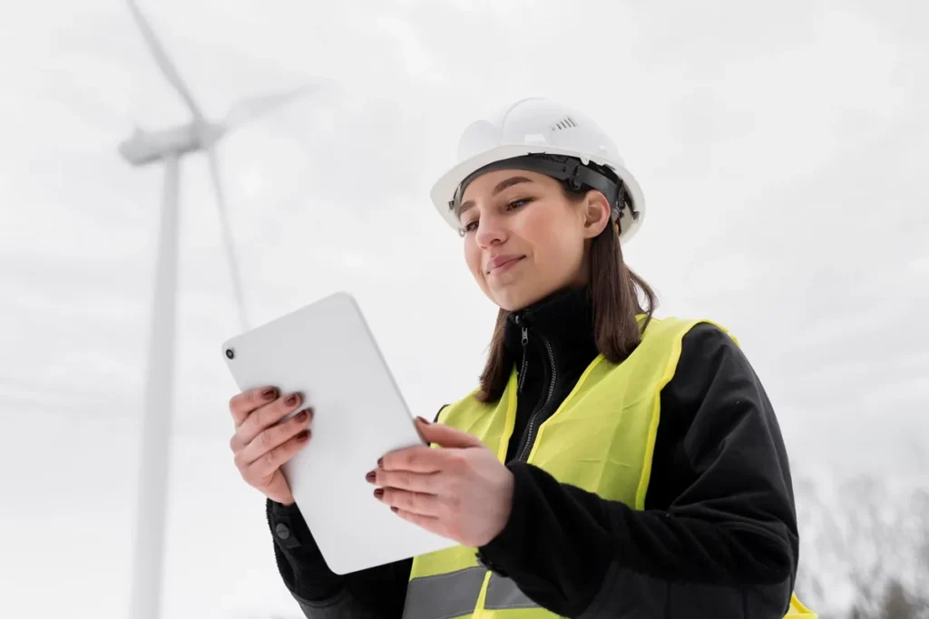 Engenheira com capacete de segurança e colete refletivo utilizando um tablet em frente a uma turbina eólica.