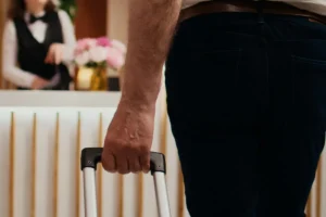 Pessoa segurando uma mala durante o check-in em um hotel, com recepcionista ao fundo no balcão