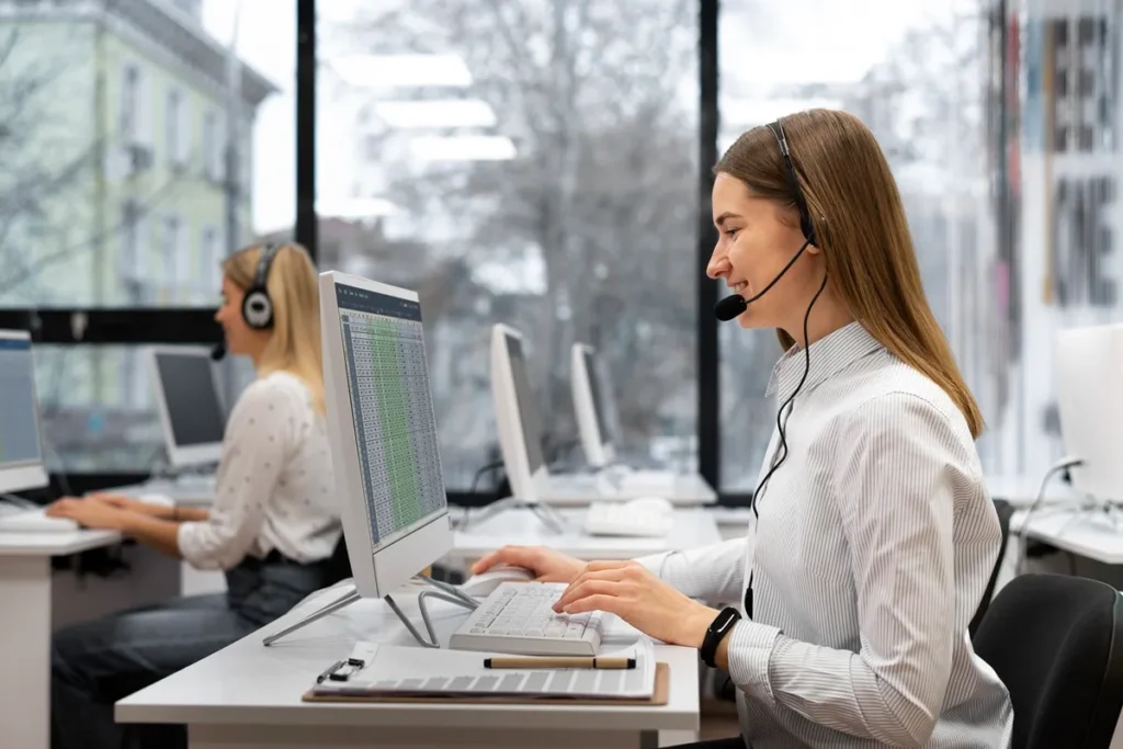 Mulher sorridente com headset trabalhando em um computador em um ambiente de suporte técnico.