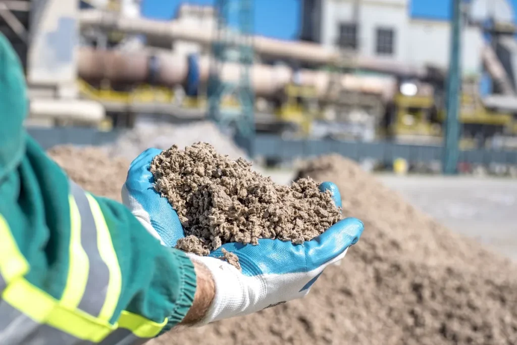 Mãos enluvadas segurando materiais extraídos, em um ambiente industrial de mineração ao fundo.