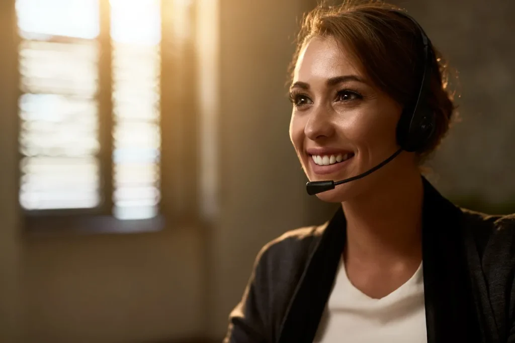 Mulher sorridente usando headset e roupa social, representando atendimento ao cliente em um ambiente aconchegante.