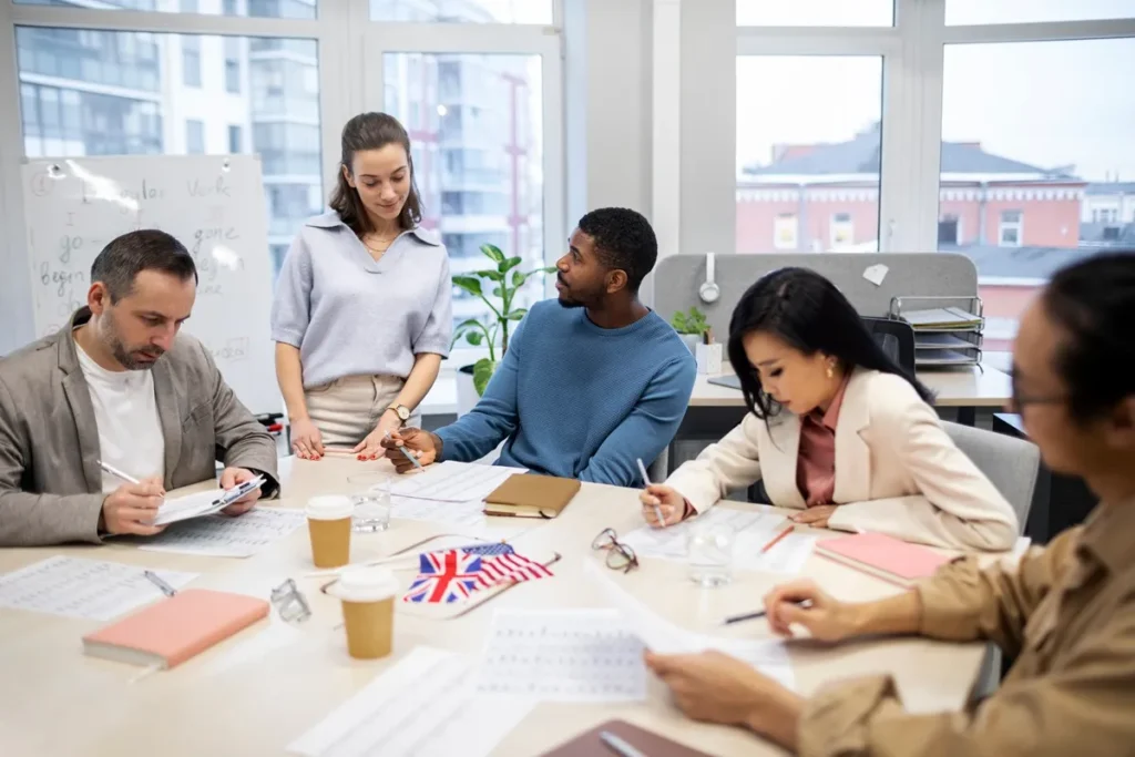 Grupo de pessoas estudando inglês em uma sala moderna, com uma professora auxiliando os alunos e uma bandeira do Reino Unido sobre a mesa.