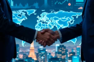 Aperto de mãos entre dois empresários com terno diante de mapa mundi digital e gráficos financeiros, representando parceria internacional