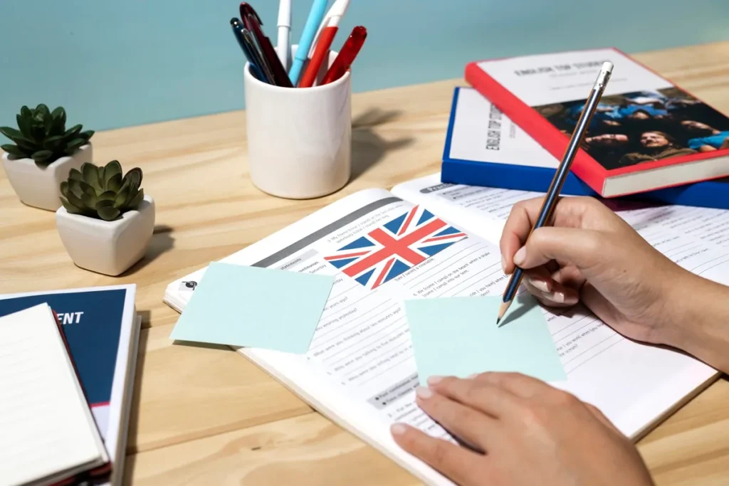 Pessoa escrevendo em post-its sobre livro de inglês com bandeira do Reino Unido, ao lado de cadernos, livros e canecas com canetas em mesa de madeira.