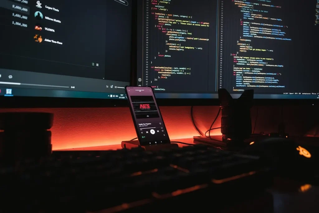 Um ambiente de trabalho de programação com múltiplos monitores exibindo código e uma interface gráfica, teclado, mouse e um smartphone. A cena é iluminada por uma luz avermelhada, representando a imersão de um programador em seu projeto.