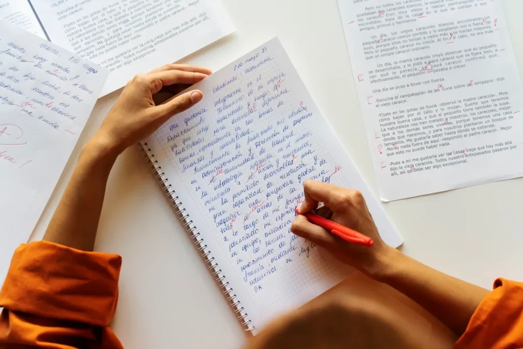 Pessoa escrevendo e corrigindo uma redação em inglês em caderno de folhas quadriculadas, com textos impressos e anotações à caneta vermelha sobre a mesa.