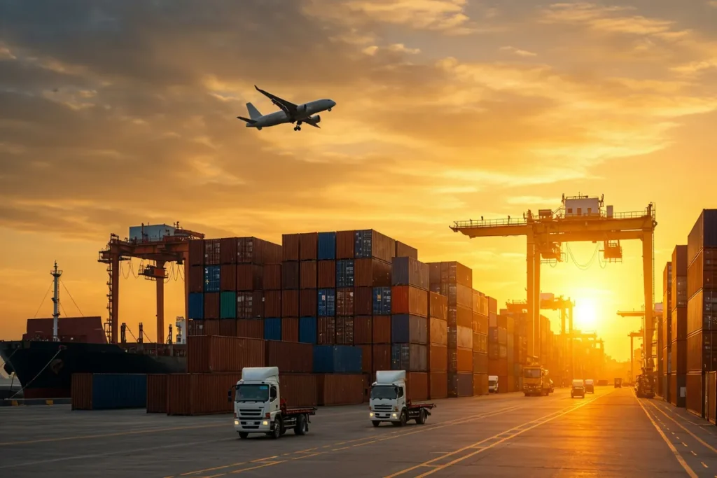 Pôr do sol em um porto de contêineres, com guindastes, navios, caminhões e um avião voando. A imagem representa o comércio exterior, logística global e transporte de cargas.