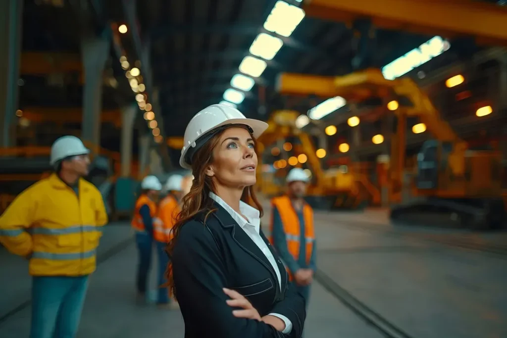 Mulher engenheira com capacete, olhando para cima em ambiente industrial, enquanto outros trabalhadores estão ao fundo, usando uniformes de segurança