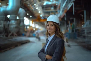 Mulher engenheira com capacete sorrindo em ambiente de mineração, usando um terno, com estrutura industrial ao fundo