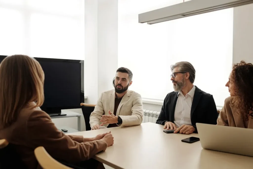 Texto alternativo SEO: Executivos de uma multinacional em uma reunião, discutindo estratégias para a empresa.