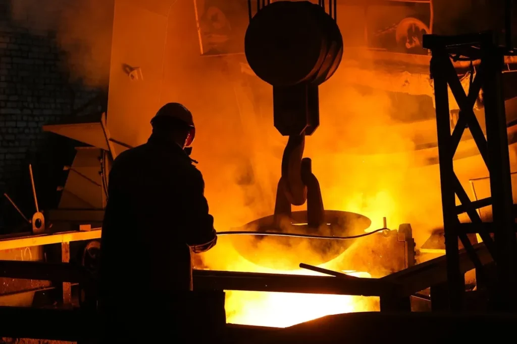 Operário em uma siderúrgica com forno incandescente e guindaste industrial.