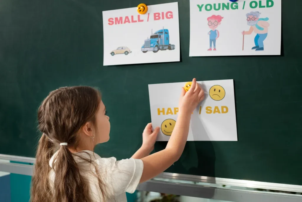 Menina colocando cartaz com adjetivos em inglês no quadro escolar