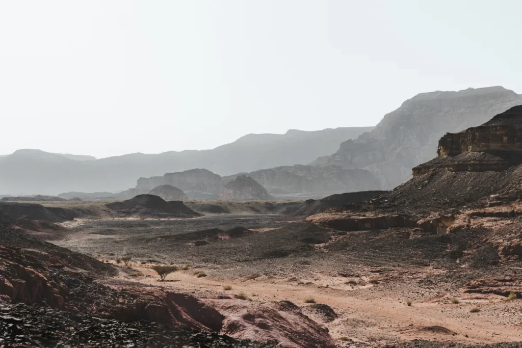 Paisagem desértica com formações rochosas escuras e picos montanhosos ao fundo, ilustrando a geologia de regiões áridas.