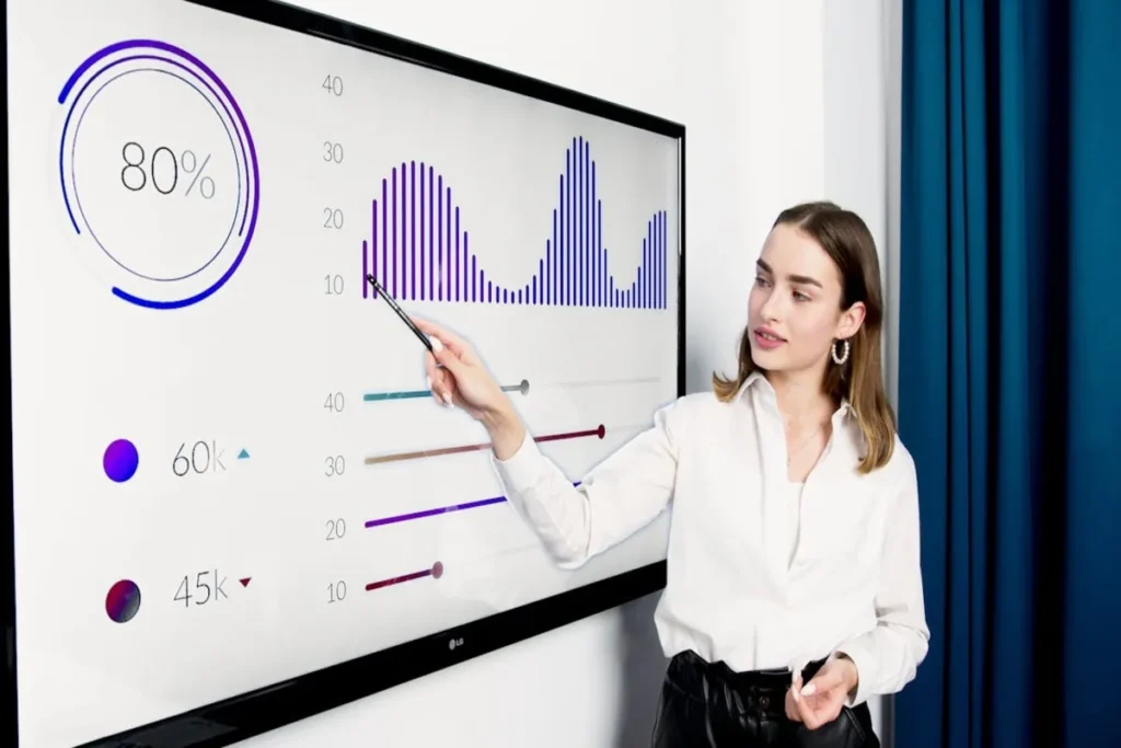 CTO, chief technology officer, explicando um gráfico para uma equipe. A imagem destaca a colaboração, o desenvolvimento de estratégias e a liderança em tecnologia.