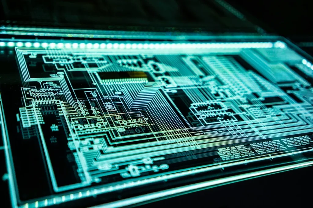 Um diagrama de circuito eletrônico brilhante e futurista em tons de azul-esverdeado, representando a complexidade e a tecnologia avançada de cybersecurity.
