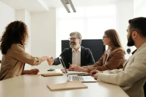 Quatro pessoas sentadas ao redor de uma mesa de escritório, com dois homens e duas mulheres. Um homem, com barba e óculos, está apertando a mão de uma mulher. A imagem representa uma conversa de trabalho, uma entrevista de desligamento ou um acordo de negócios.