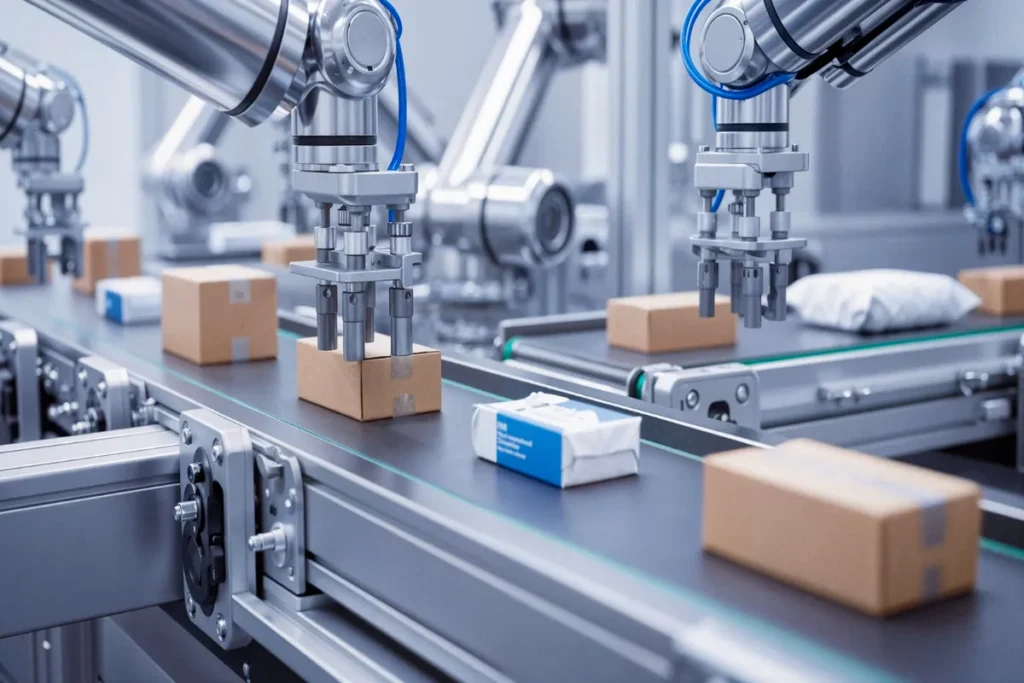 Robôs industriais em uma linha de produção automatizada. A imagem mostra braços robóticos movendo caixas em uma esteira de fábrica, representando automação e manufatura inteligente.