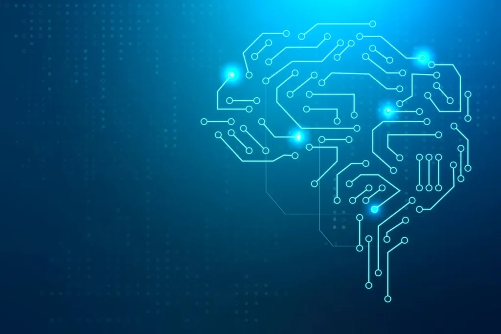 Ilustração digital de um cérebro humano com circuitos eletrônicos, representando o conceito de machine learning.