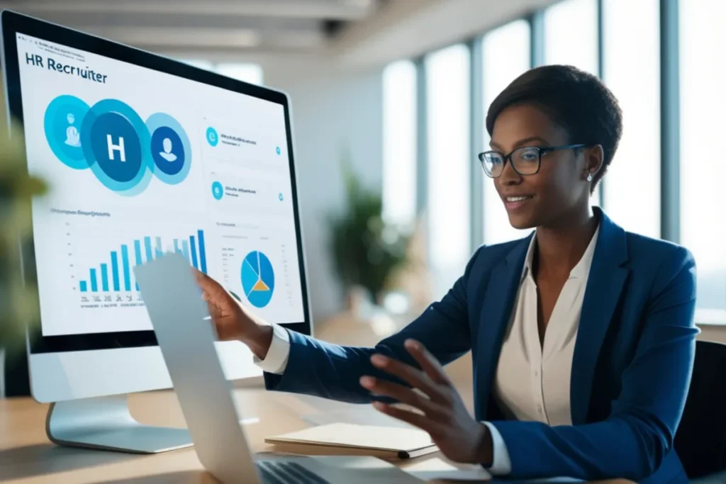 Profissional usando um tablet enquanto observa gráficos exibidos em um monitor no escritório.