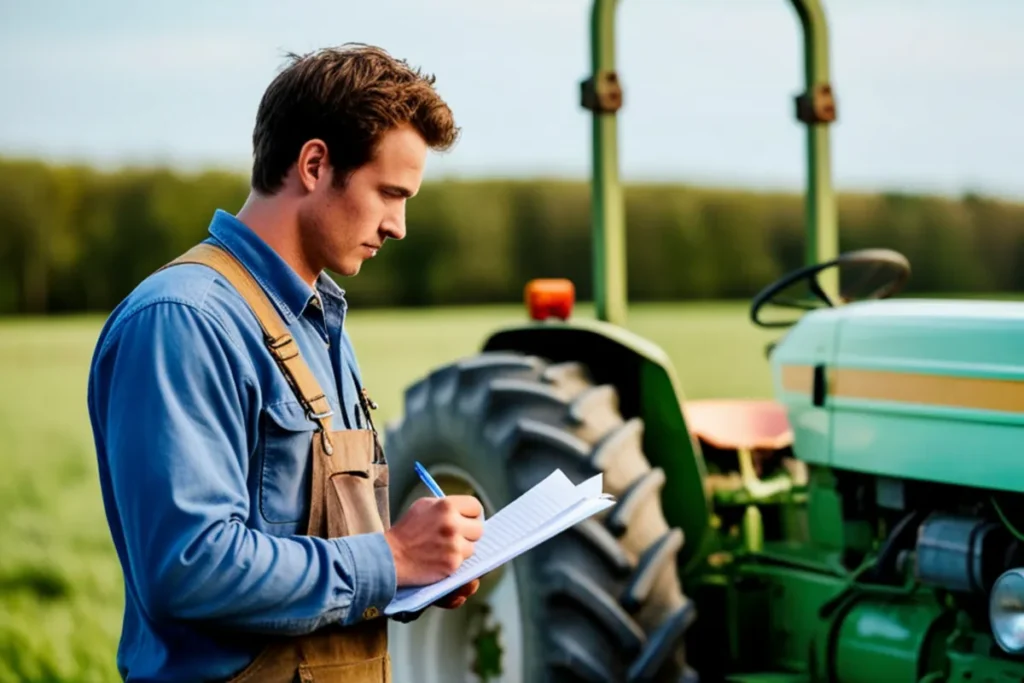 Agricultor segurando um tablet ao lado de uma máquina agrícola em um campo de cultivo.