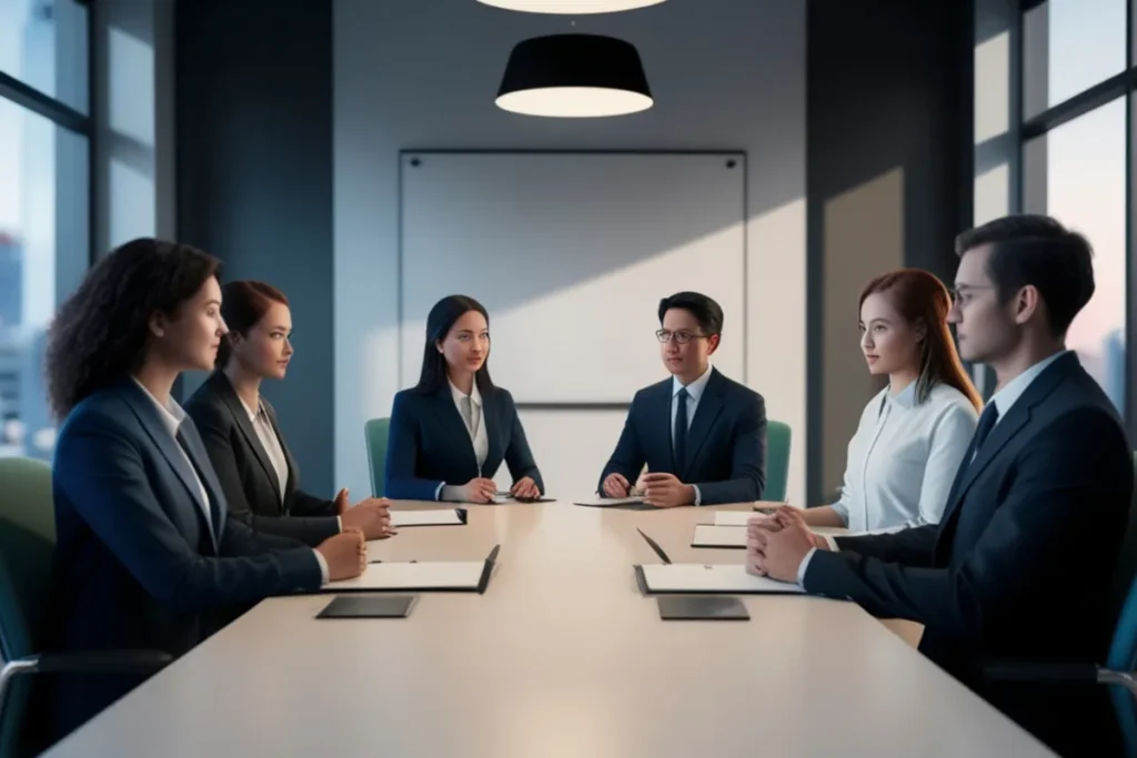 Grupo de profissionais reunidos em uma mesa de reunião discutindo assuntos de negócios em um escritório.