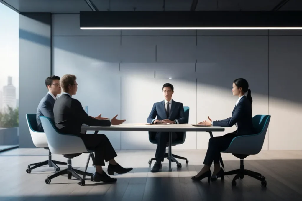 Executivos sentados em uma mesa de reunião discutindo estratégias em uma sala corporativa.