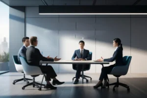 Executivos sentados em uma mesa de reunião discutindo estratégias em uma sala corporativa.