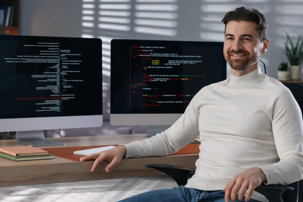 Desenvolvedor sentado em frente a dois monitores exibindo código de programação em um escritório.