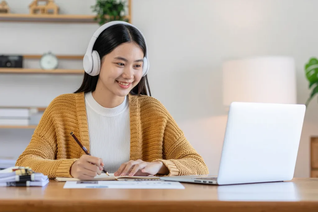mulher com fones de ouvido escrevendo em caderno enquanto acompanha aula no notebook